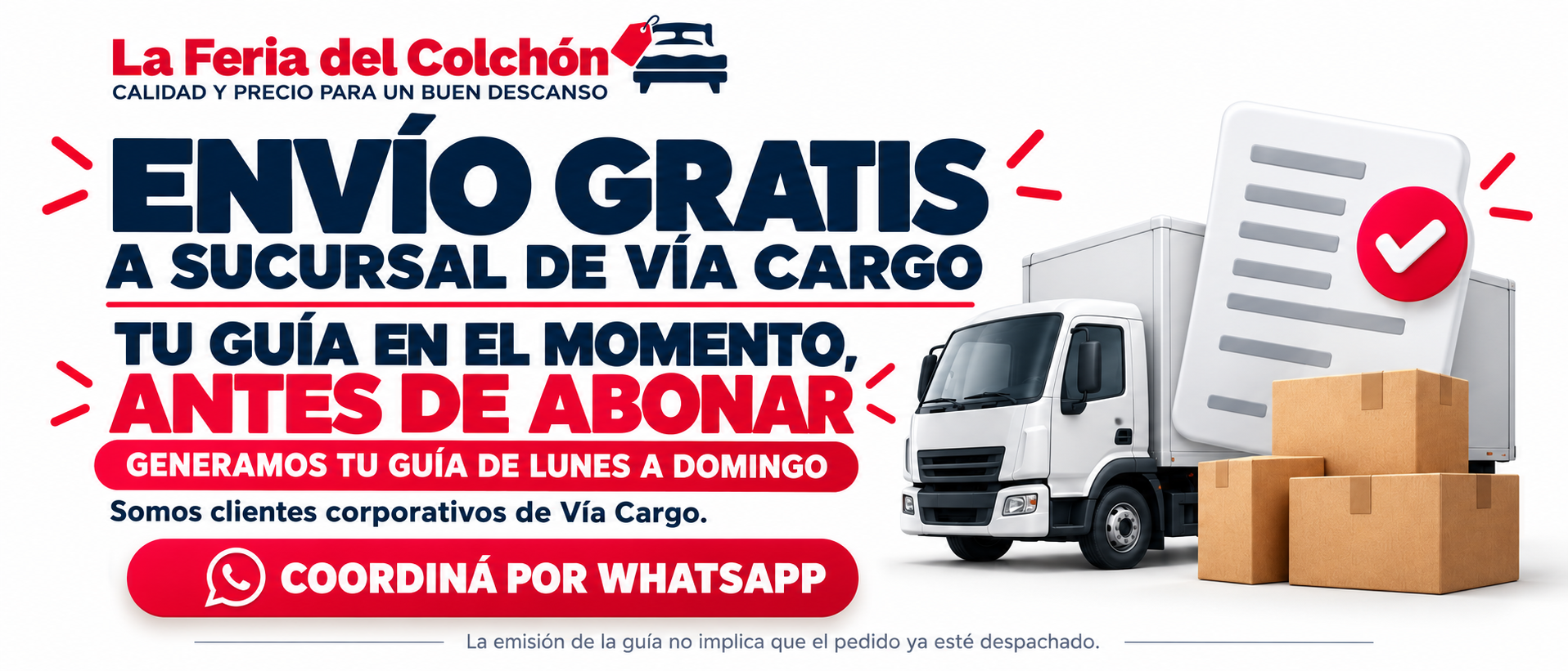Envío gratis a sucursal de Vía Cargo. Tu guía en el momento, antes de abonar. Generamos tu guía de lunes a domingo. La emisión de la guía no implica que el pedido ya esté despachado. Ilustración de camión y paquetes.