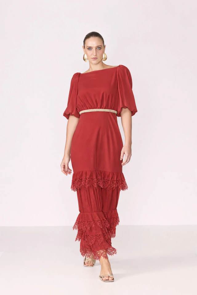 VESTIDO MIDI RENDA PLISSADA BEATRIZ - comprar online