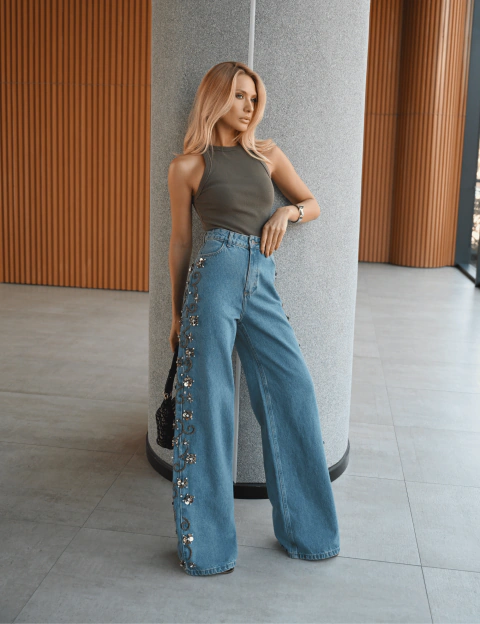 Calça Jeans Wide Leg Bruna Bordado