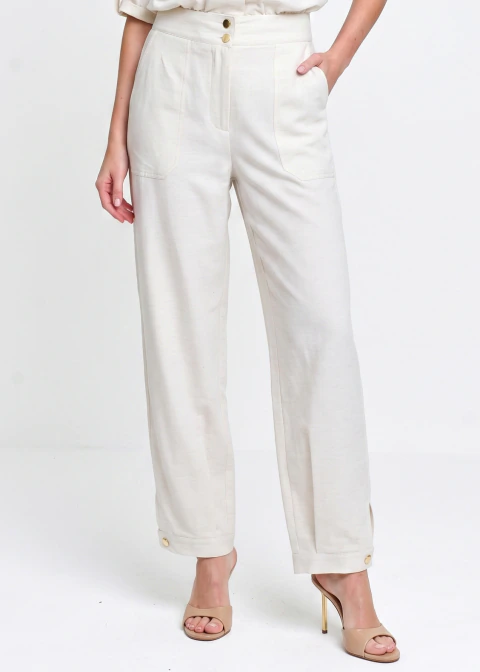 Calça Viscolinho com Pregas na Barra Natural