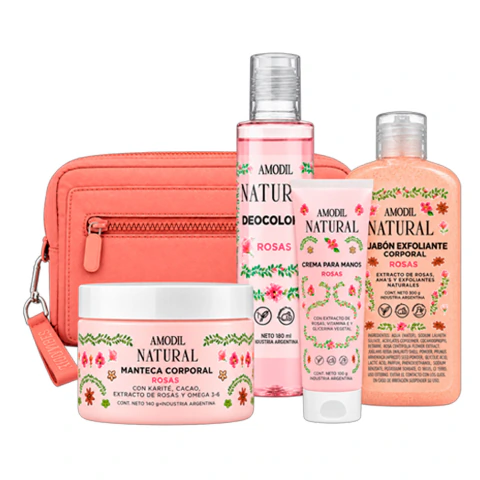 Set corporal de rosas con deocolonia, jabón exfoliante, manteca, crema para manos y neceser - Natural Rosas