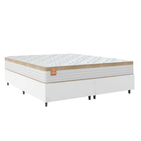 Cama Box Colchão Casal King Molas Ensacadas Real 193x203x65cm Branco / Bege Linho Inducol - Suporta