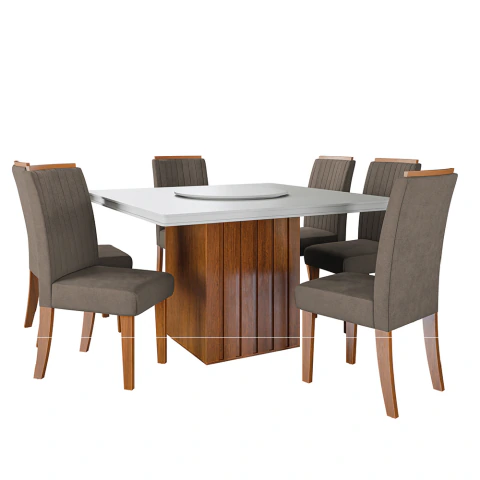 Conjunto Sala de Jantar Amsterdã New Mesa com Tampo Giratório 6 Cadeiras Grécia Madeirado/Mascavo