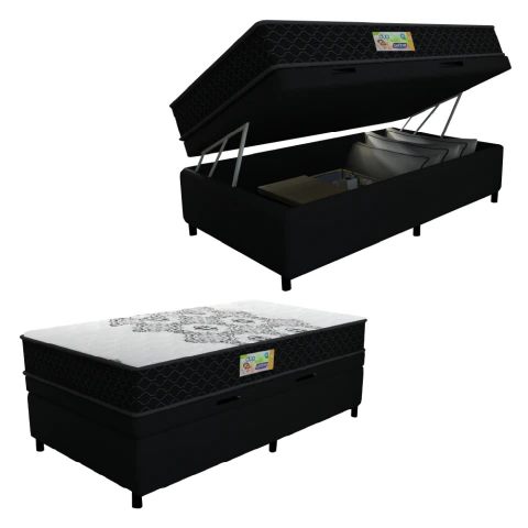 Cama Box Baú Solteiro Gazin Colchão Espuma D33 Duo Balance Suede 88x188x63cm Preto/Branco