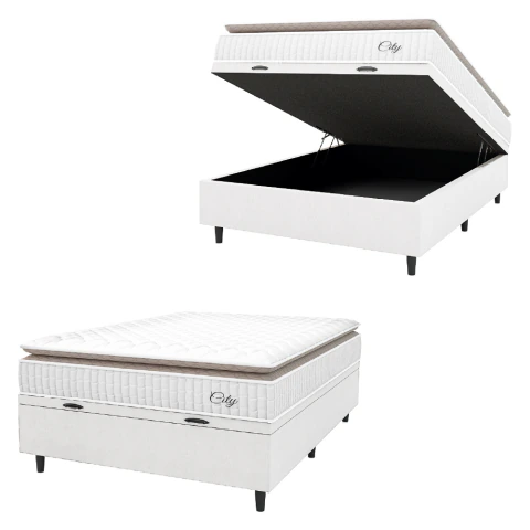 Cama Box Baú Colchão Casal Molas Ensacadas City Pillow Top 138x188x64cm Linho Branco / Bege Hellen