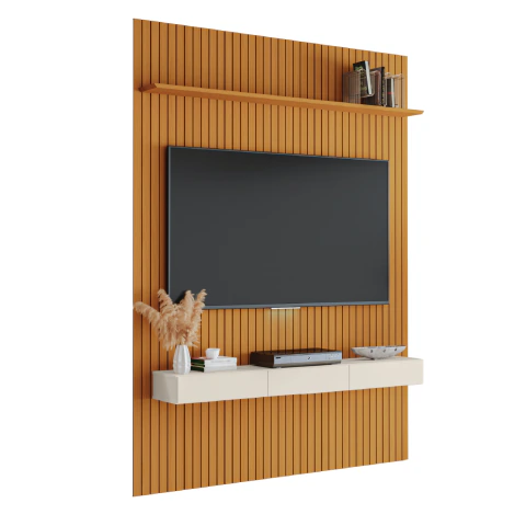 Painel para TV até 55 Polegadas 1,39x2,40m Ripado com Nicho Arbo Cedro/Off White EDN