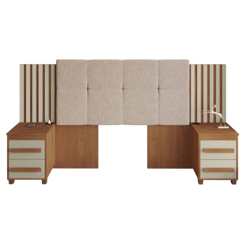 Cabeceira Casal Extensível com 2 Mesas de Apoio Ripado e Estofado Cinamomo/Off White Suíça RV Móveis
