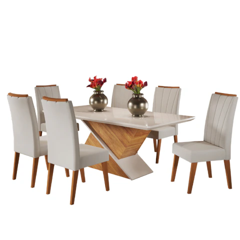 Conjunto de Mesa Sala de Jantar Tampo com Vidro Engel 1,80m 6 Cadeiras Sofia Viero