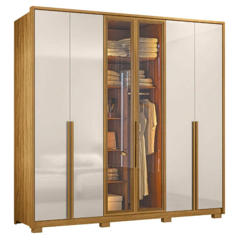 Guarda Roupas Casal Reflecta com Led 6 Portas 4 Gavetas Âmbar