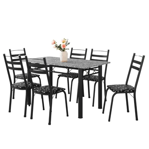 Conjunto De Mesa Itália Com 6 Cadeiras 1,40m Preto / Floral Granito Artefamol