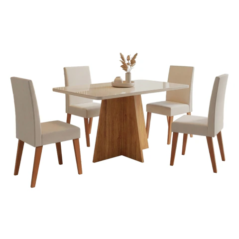 Conjunto Sala de Jantar Mesa 1,20m com vidro Anjos 4 Cadeiras Linho Milano Viero