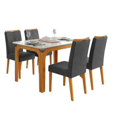 Conjunto Sala de Jantar Mesa Tampo em Vidro 1,20m Mel 4 Cadeiras Tati