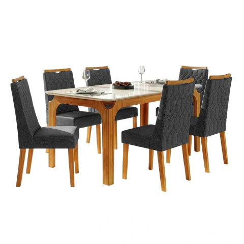 Conjunto Sala de Jantar Mesa Tampo em Vidro 1,60m Mel 6 Cadeiras Bel
