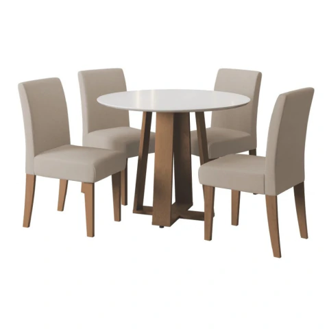Conjunto de Mesa Sala de Jantar Athenas Redonda 1,03m 4 Cadeiras Trieste Cedro/Off White/Areia Dobuê