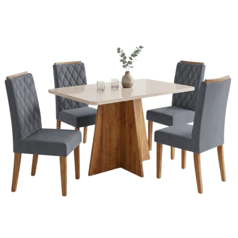 Conjunto Sala de Jantar Mesa 1,20m com Vidro Anjos 4 Cadeiras Bele Viero