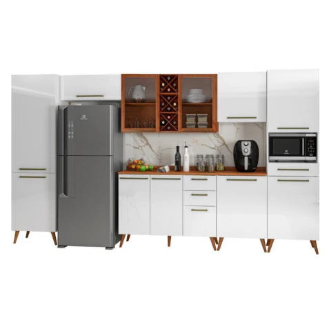 Armário De Cozinha Completa Vidro Reflecta Com Adega 11 Portas 4 Gavetas Favorita Branco/Nature