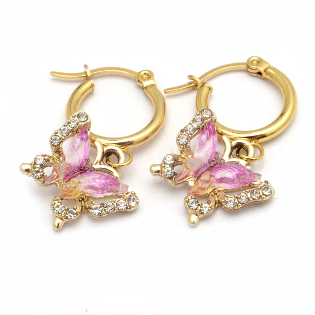 Aros Dorados Mariposa Rosa Con Cubic 1,5Cm