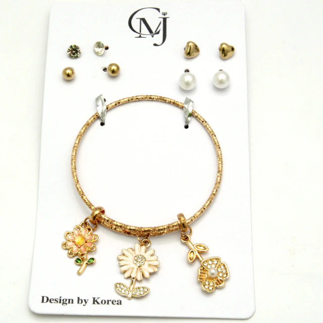 Set De Pulsera Semi Rigida Flores Natural Con Aros