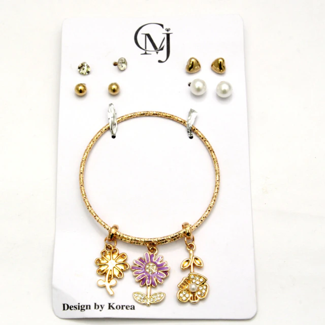Set De Pulsera Semi Rigida Flores Rosas Con Aros