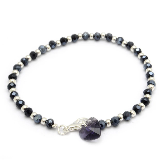 Pulsera Cristal Negro Con Bolitas Y Corazón Negro 18Cm