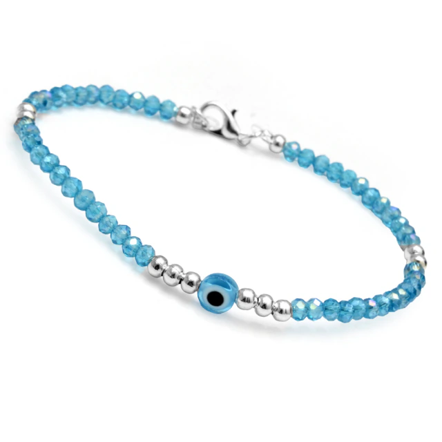 Pulsera Cristal Celeste Con Ojo Protector 18Cm