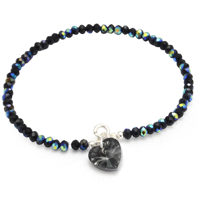 Pulsera Cristal Negro Tornasol Con Corazón 18Cm