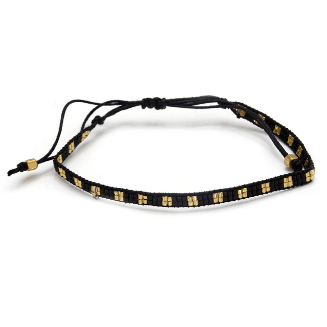 Pulsera Hilo Negro Miyuki Con Dorado - Regulable