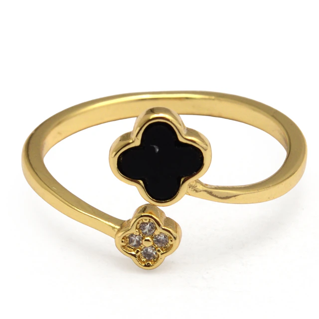 Anillo Dorado Flor VC Negro Con Cubic