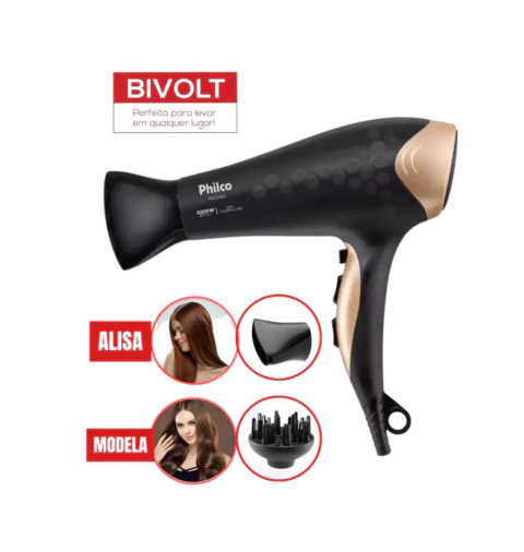 Secador de Cabelo Philco Íons Tourmaline 2200W Bivolt 2 Velocidades Preto - comprar online