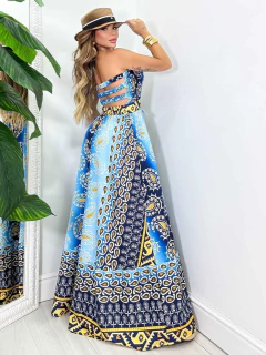 Vestido Nova inspiração indiana elastex - Floral Branco e Turquesa na internet