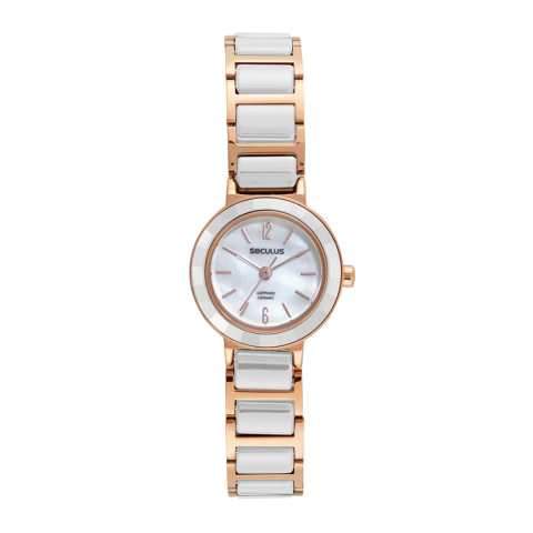 Relógio Seculus Cerâmica Feminino Branca e Rosé vidro safira 77238LPSVRQ2 Original