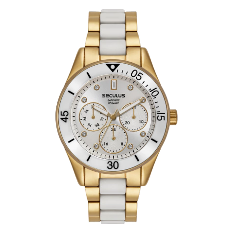 Relógio Seculus Cerâmica Feminino Dourado com Detalhes Brancos Chronográfico 77293LPSVDQ1 Original