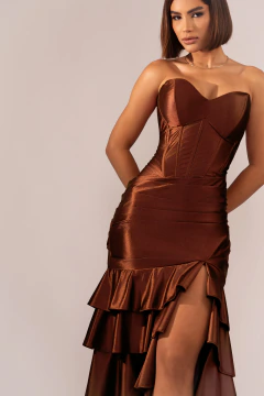 Vestido de Festa Longo Fashionista Casamento Saia em Camadas Madrinhas Formandas Convidadas com Fenda