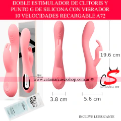 Vibrador tipo rabbit doble estimulador de clítoris y punto G marca Manu color rosa. Juguete erótico de silicona con base metalizada, 10 velocidades, recargable, e incluye sachet de lubricante íntimo a base de agua.