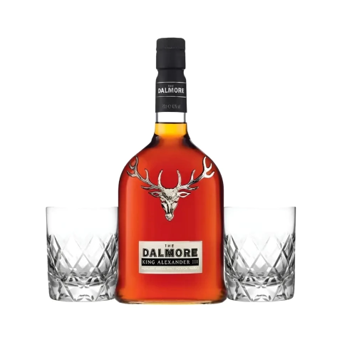 Set Whisky Dalmore King Alexander y 2 Vasos Tallados Con Estuche