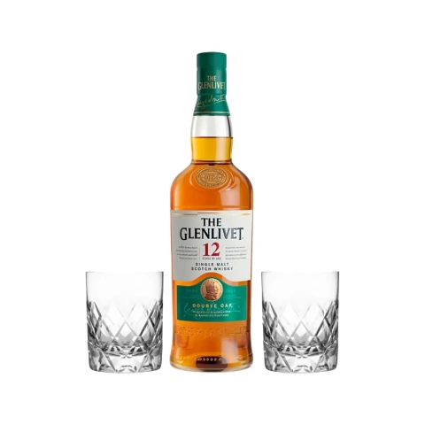 Set Whisky Glenlivet 12 Yo y 2 Vasos Tallados Con Estuche