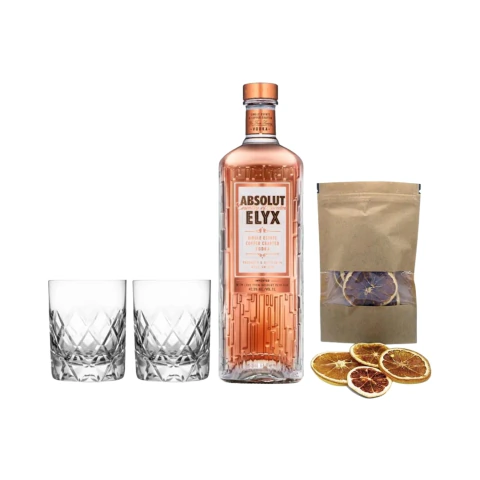 Set Vodka Absolut Elyx y 2 Vasos Tallados y Botanicos Naranja Con Estuche