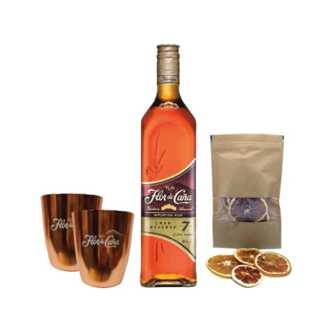 Set Ron Flor De Cana Gran Reserva 7 Años y 2 Vasos Con Estuche
