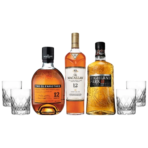 Set Whiskys Coleccion Single Malts 12 Yo Caja x 3 y 4 Vasos Tallados Con Estuche
