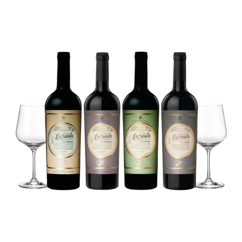 Set Finca La Escuela Malbec Seleccion x 4 y 2 Copas Con Estuche