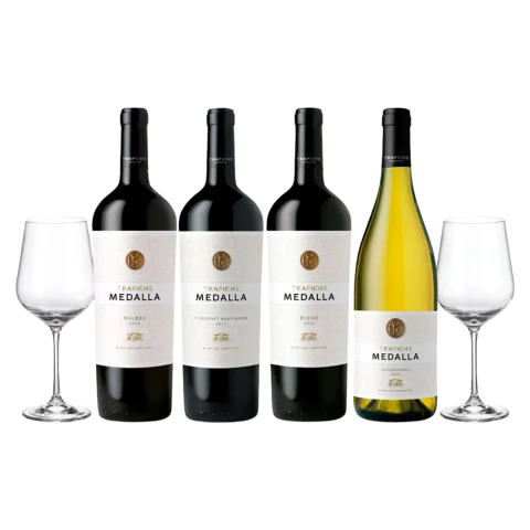 Set Vinos Combiandos Trapiche Medalla Seleccion x 4 y 2 Copas Con Estuche