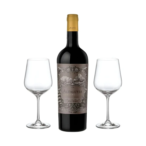 Set Altaluvia Malbec 750 ml y 2 Copas Con Estuche