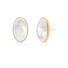 Brinco Medio Pérola Shell Oval Banho Dourado Coleção Aurora