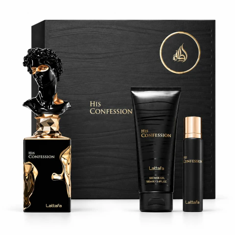 Kit Lattafa His Confession EDP 100ml + Travel Spray 12ml + Sabonete Líquido 100ml
