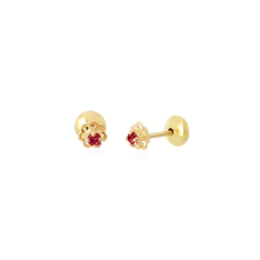 Brinco Banhado a Ouro 18K Mini Flor e Zircônia Rosa Tarraxa Baby