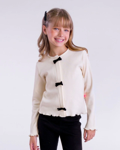 Cardigan Infantil Off White em Ribana com Laços de Veludo Pretos
