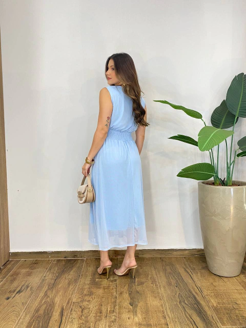 Vestido Feminino Midi de Tule com Cintura Franzida Azul Bebê - comprar online