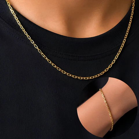 Conjunto Masculino Corrente E Colar De Elos Retangulares