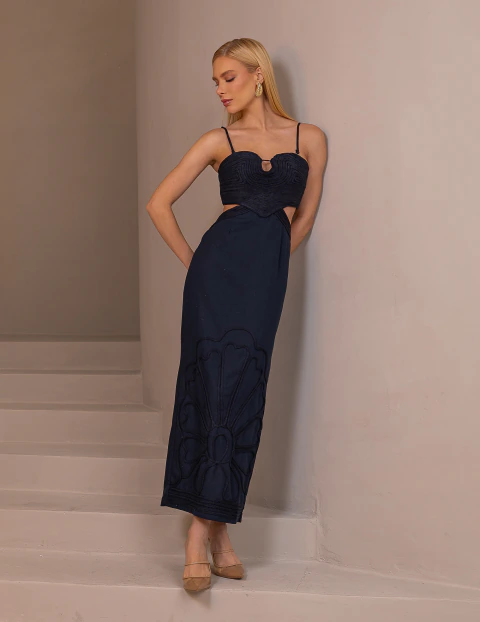 Vestido Midi Bordado Marinho