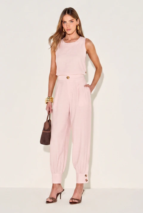 Calça Linen Barrel kauany Rosa Claro